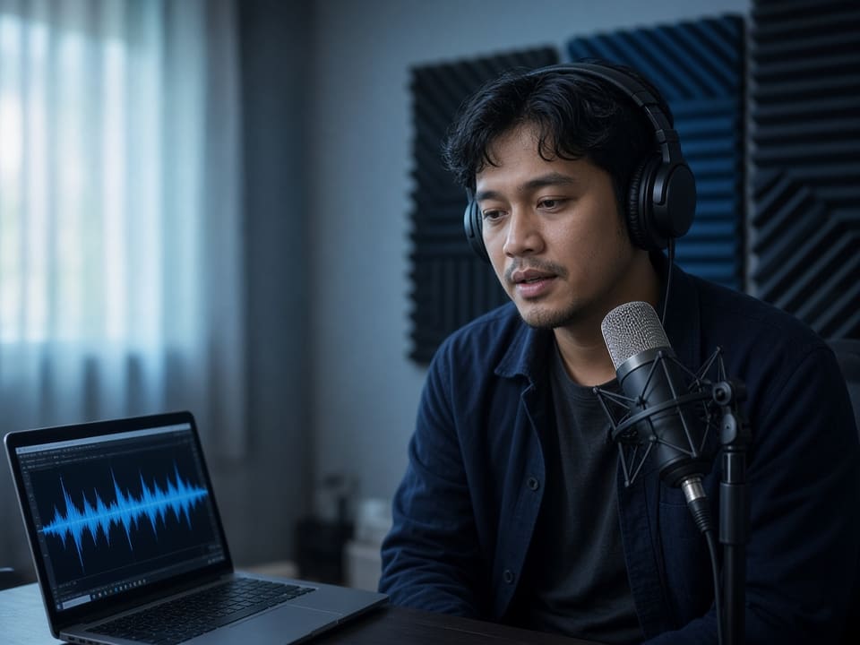 Illustrative photo of a contributor recording audio with a microphone