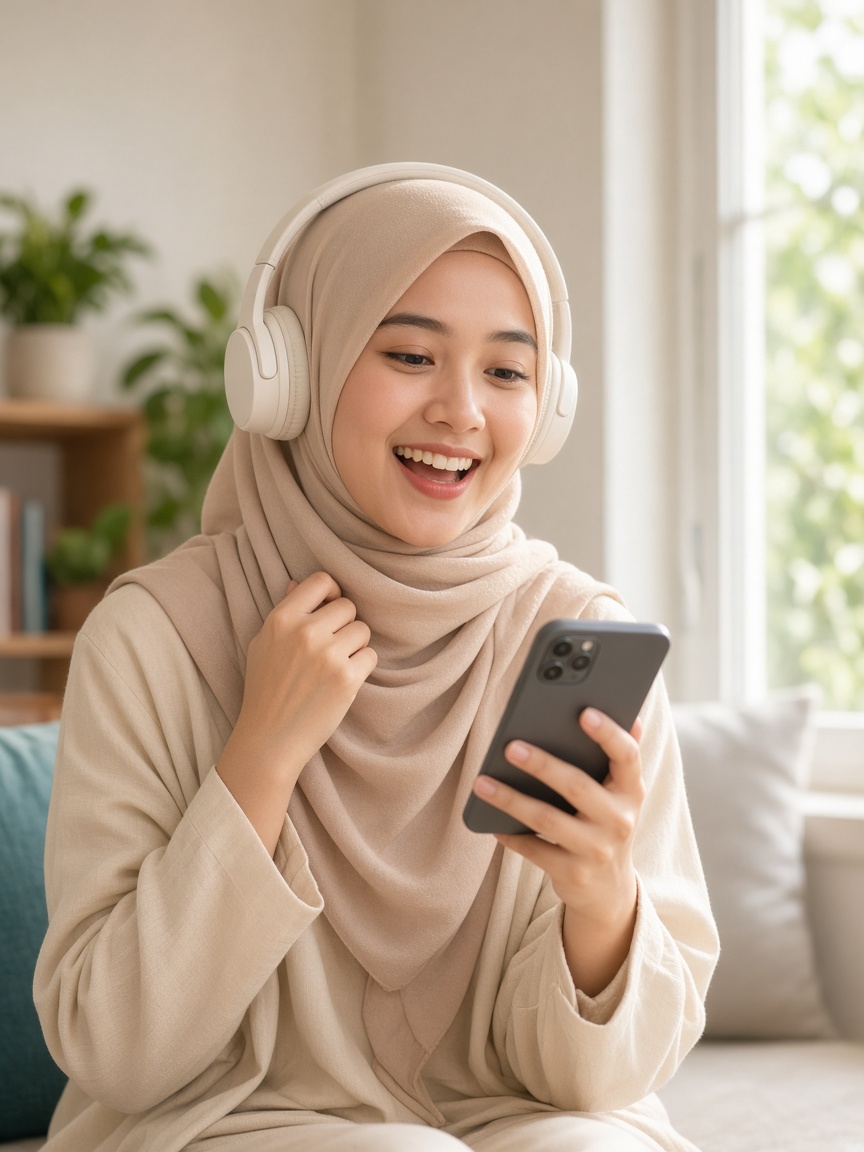 Partisipan memakai headphone sambil merekam suara lewat HP